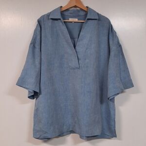 Lafayette 148 NY Pippen Linen Blouse Sz L Blue Short Sleeve Popover Tunic Top